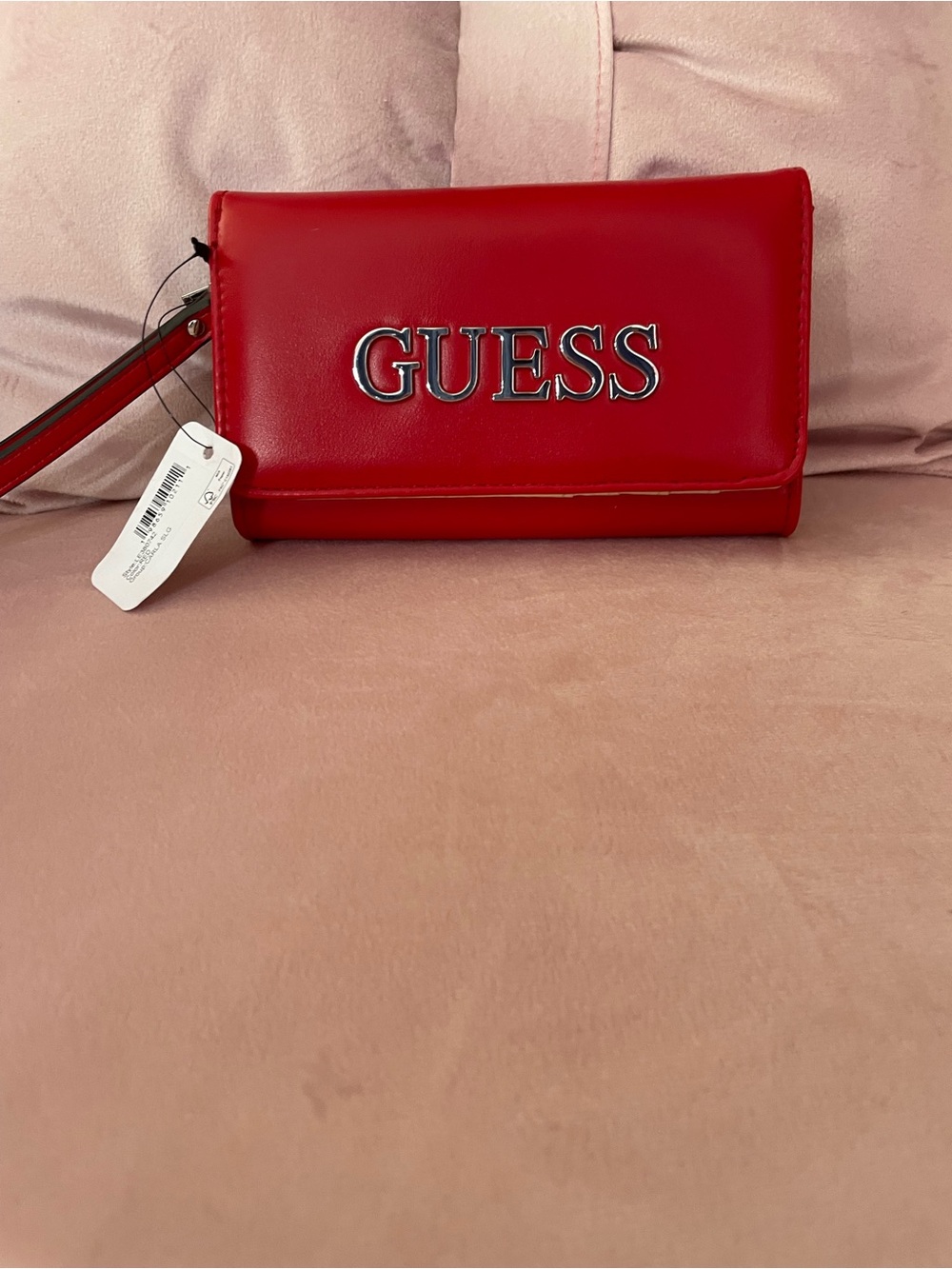 GUESS Red Leather Wristlet Clutch with Silver Logo